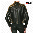 Women Golden Studded Leather Jacket, Steam Punk Golden Jacket, Dome Large Golden Studded Leather Jacket Steam Punk Rocker Girl Jacket