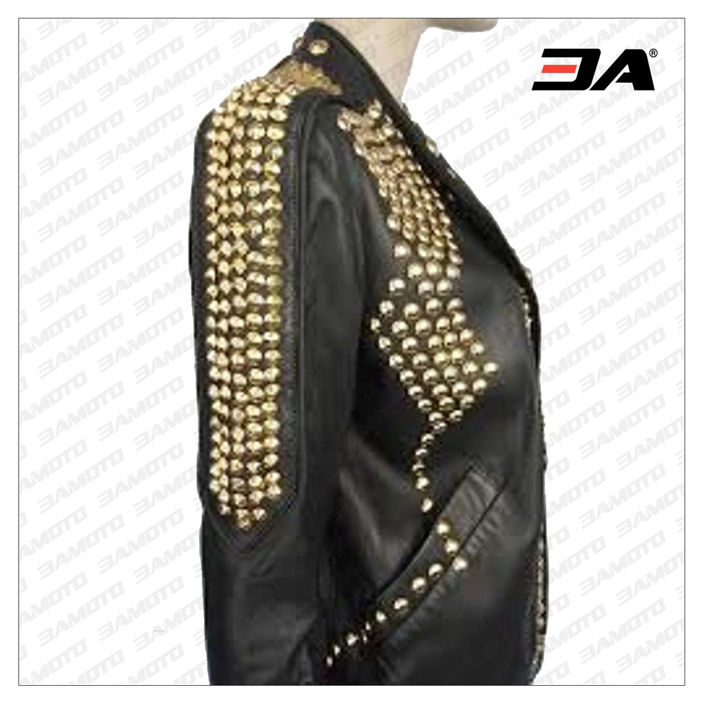 Women Golden Studded Leather Jacket, Steam Punk Golden Jacket, Dome Large Golden Studded Leather Jacket Steam Punk Rocker Girl Jacket