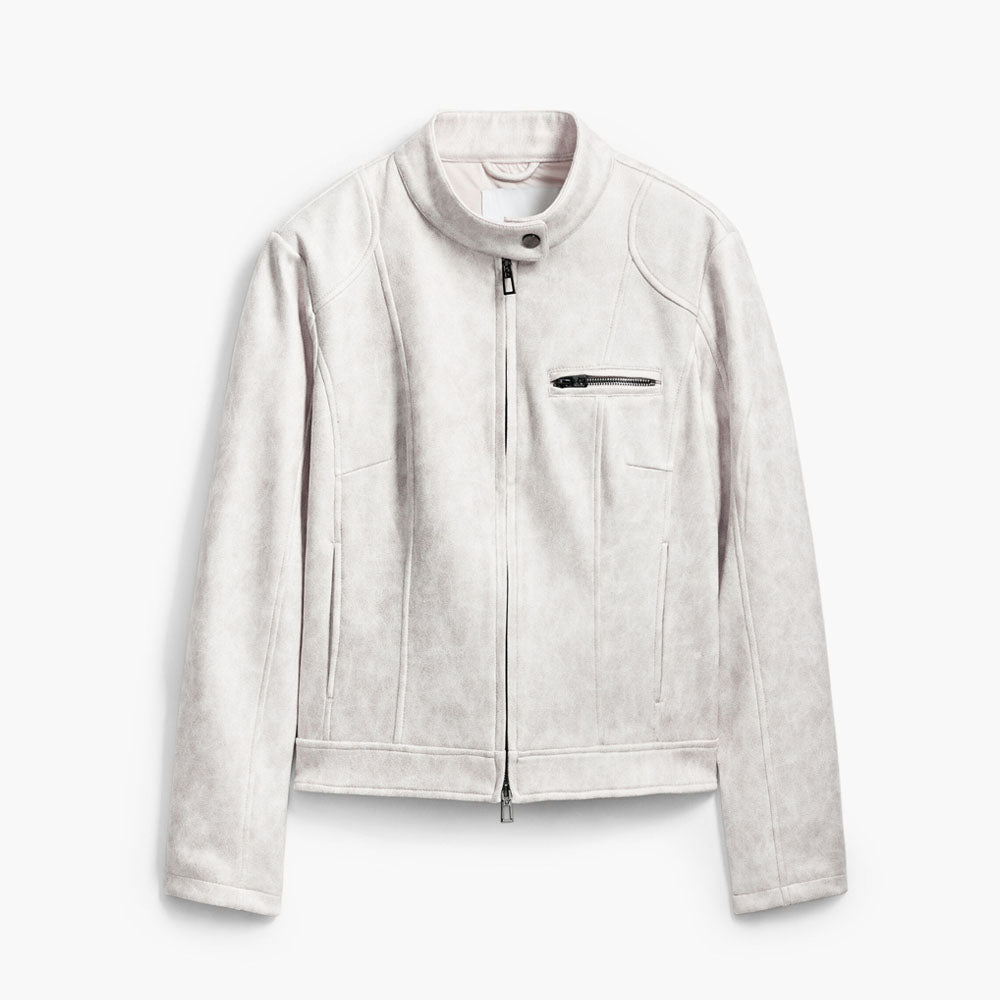 Women Motorcycle Biker White Leather Jacket