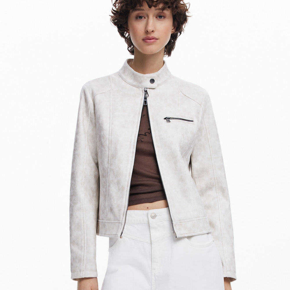 Women Motorcycle Biker White Leather Jacket