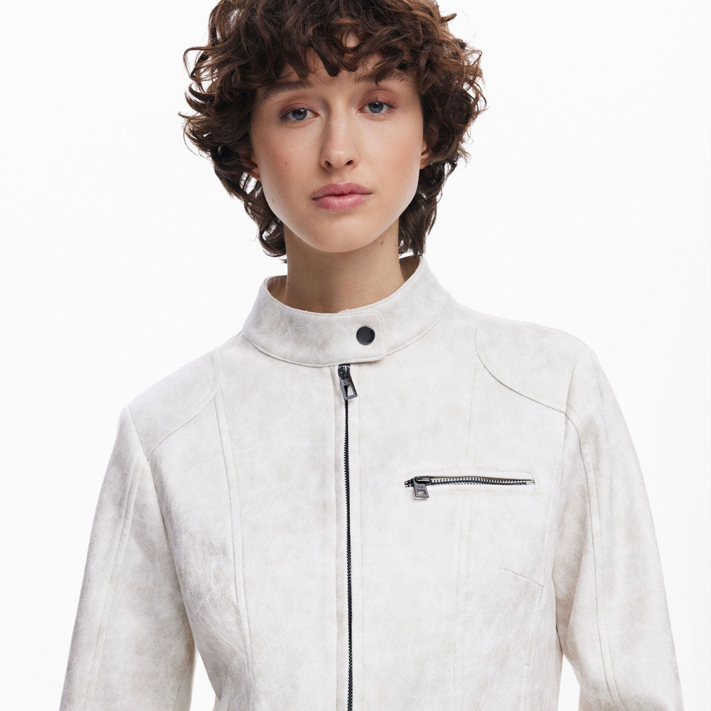 Women Motorcycle Biker White Leather Jacket