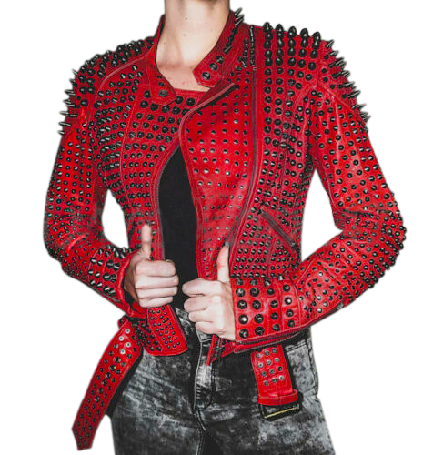 Women Motorcycle Punk Heavy Metal Spiked Tonal Black Studded Red Leather Jacket