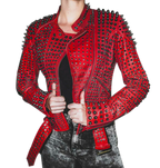 Women Motorcycle Punk Heavy Metal Spiked Tonal Black Studded Red Leather Jacket