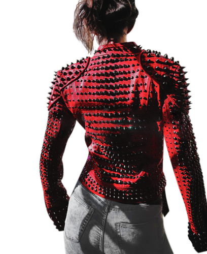 Women Motorcycle Punk Heavy Metal Spiked Tonal Black Studded Red Leather Jacket