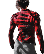 Women Motorcycle Punk Heavy Metal Spiked Tonal Black Studded Red Leather Jacket