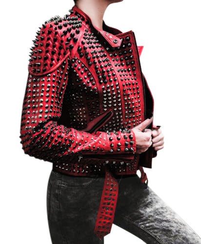 Women Motorcycle Punk Heavy Metal Spiked Tonal Black Studded Red Leather Jacket