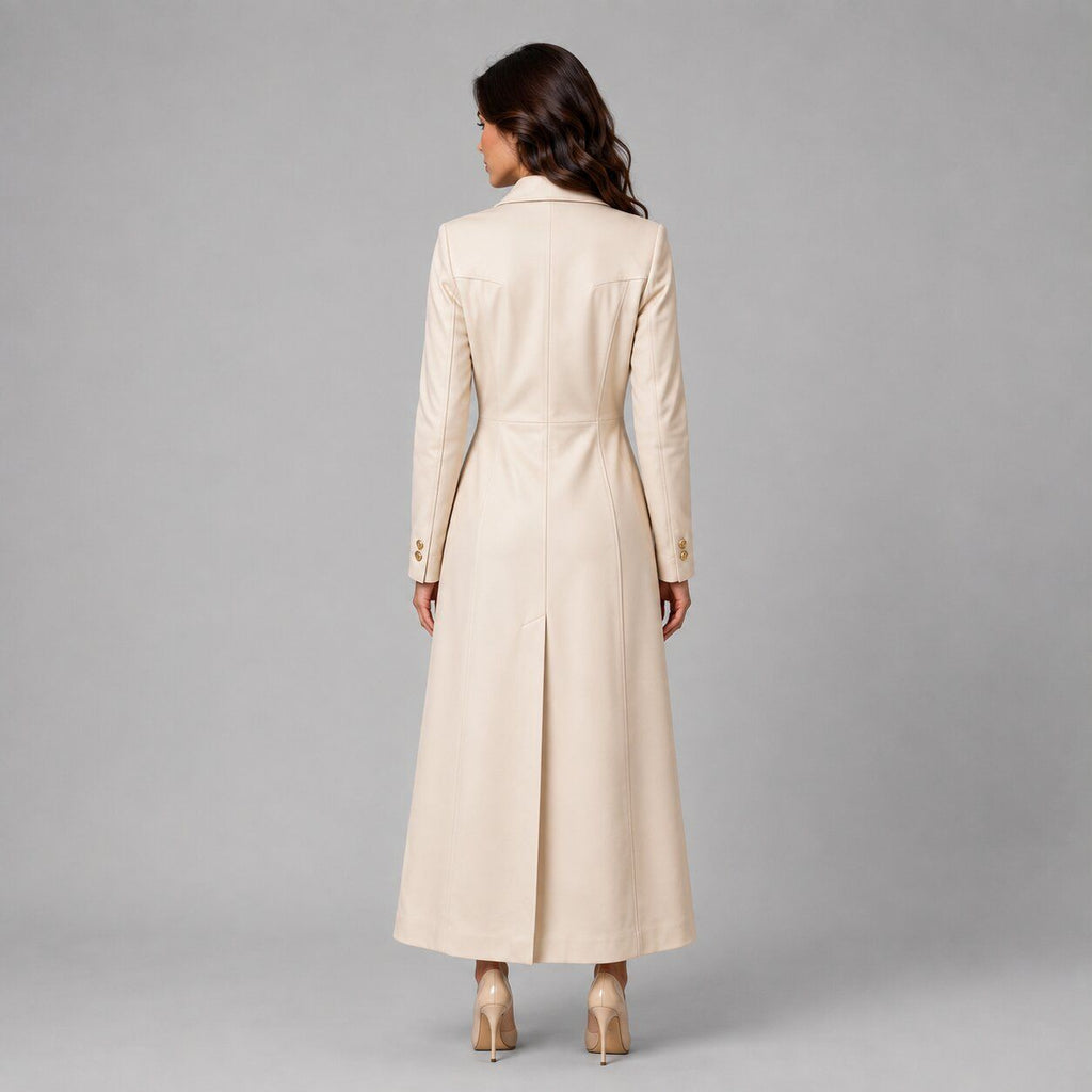 Women Off White Leather Trench Coat – Elegant Appeal