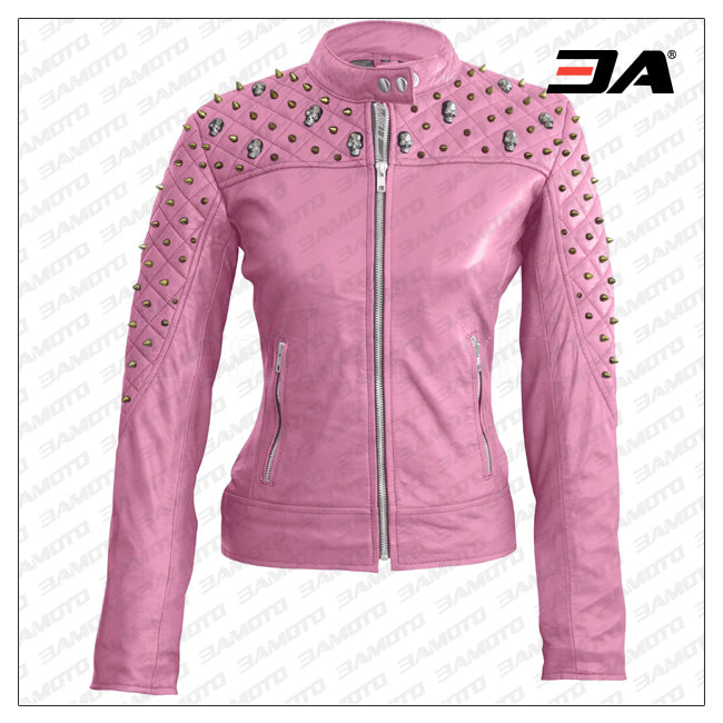 Women Pink Quilted Gold Studded Skeletons Genuine Leather Jacket