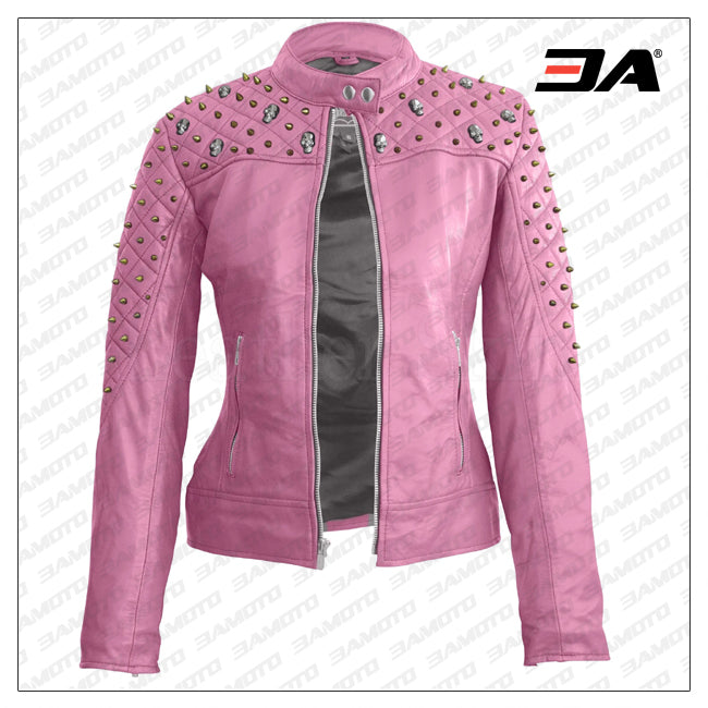 Women Pink Quilted Gold Studded Skeletons Genuine Leather Jacket