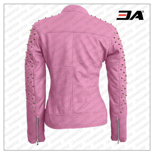 Women Pink Quilted Gold Studded Skeletons Genuine Leather Jacket