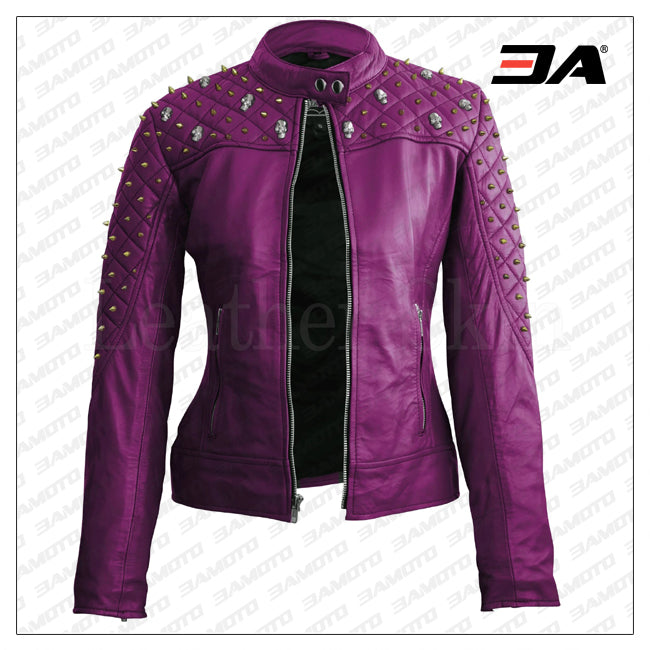 Women Purple Quilted Gold Studded Skeletons Genuine Leather Jacket