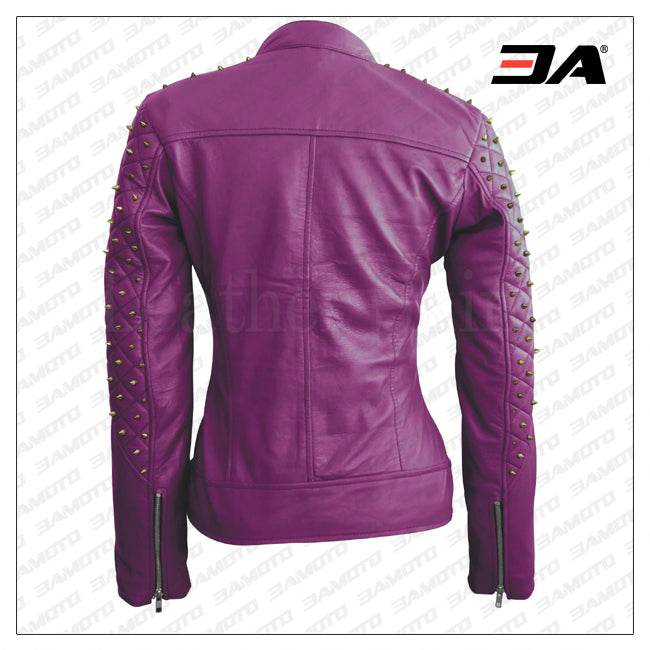 Women Purple Quilted Gold Studded Skeletons Genuine Leather Jacket