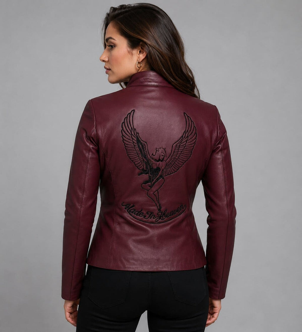 Women Red Genuine Leather Gamer Biker Jacket With RE2 Claire Style