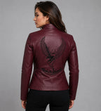 Women Red Genuine Leather Gamer Biker Jacket With RE2 Claire Style