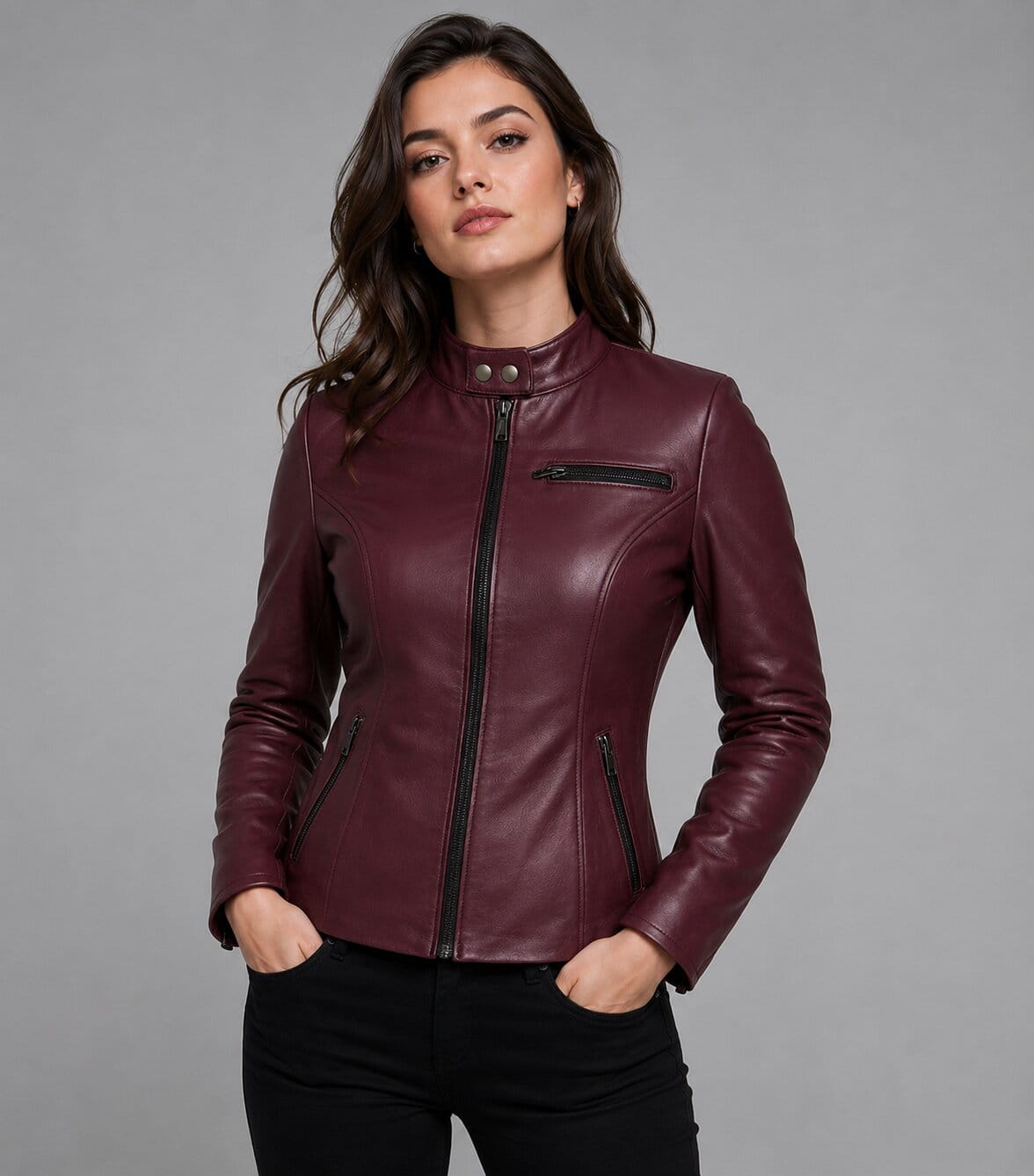 Women Red Genuine Leather Gamer Biker Jacket With RE2 Claire Style