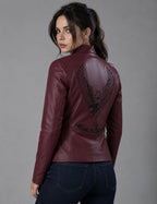 Women Red Genuine Leather Gamer Biker Jacket With RE2 Claire Style