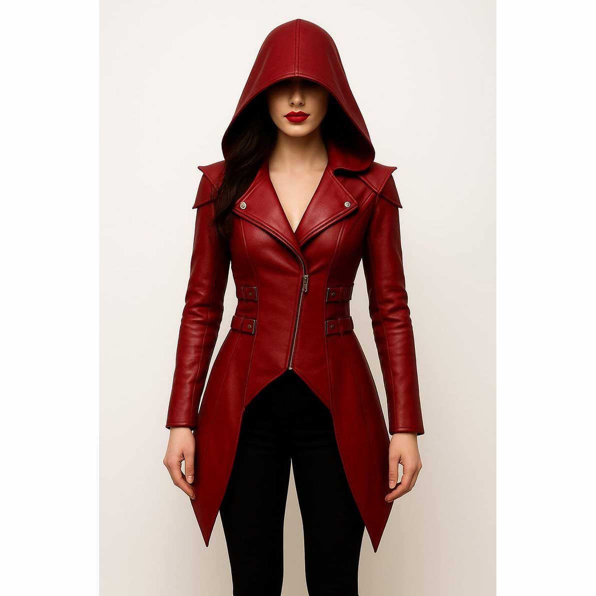 Women Red Hooded Leather Trench Coat