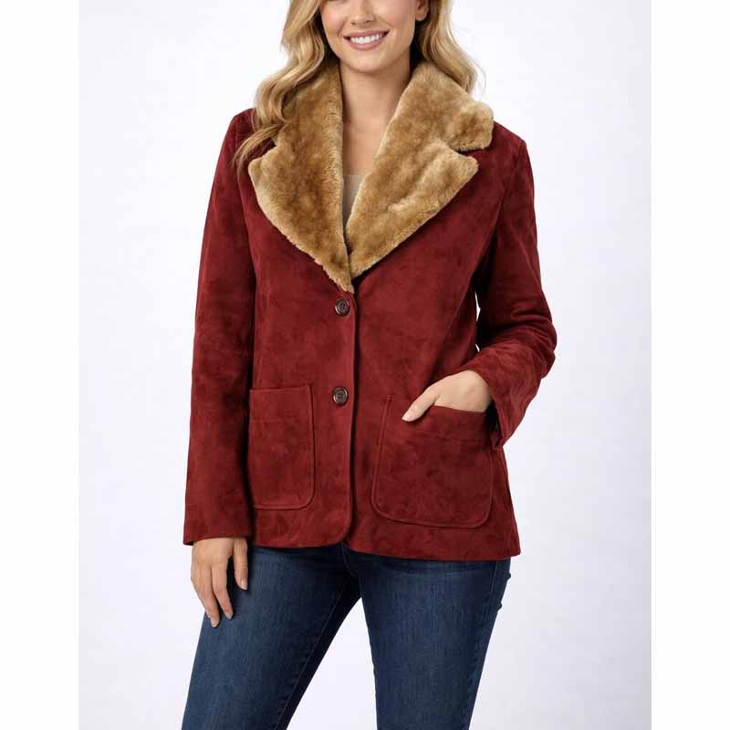Women Red Suede Leather Jacket with Shearling Collar Retro Style