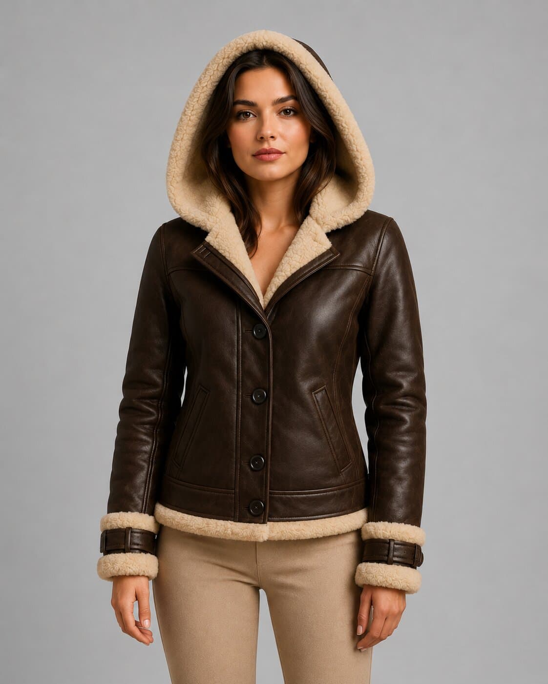 Women Shearling Fur Lined Leather Bomber Jacket