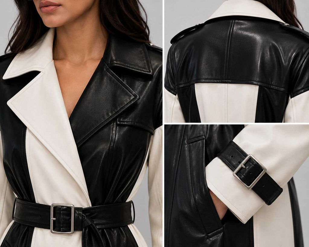 Women Two Tone Black and White Leather Trench Coat – Sophisticated Appeal