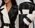 Women Two Tone Black and White Leather Trench Coat – Sophisticated Appeal