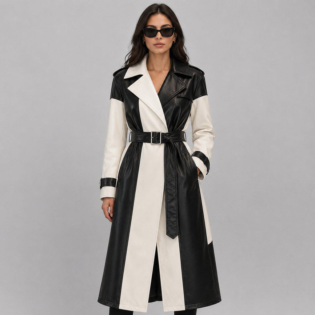 Women Two Tone Black and White Leather Trench Coat – Sophisticated Appeal