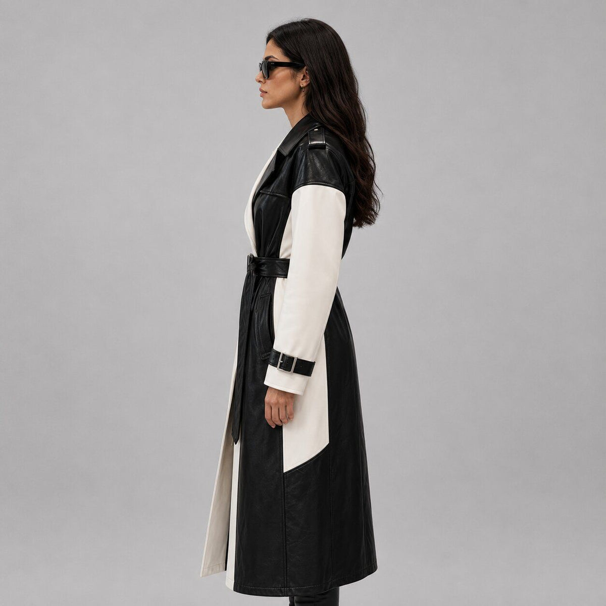 Women Two Tone Black and White Leather Trench Coat – Sophisticated Appeal