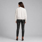 Women White Leather Bomber Jacket with Ribbed Trim – Modern Appeal