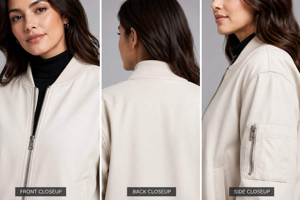 Women White Leather Bomber Jacket with Ribbed Trim – Modern Appeal