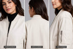 Women White Leather Bomber Jacket with Ribbed Trim – Modern Appeal