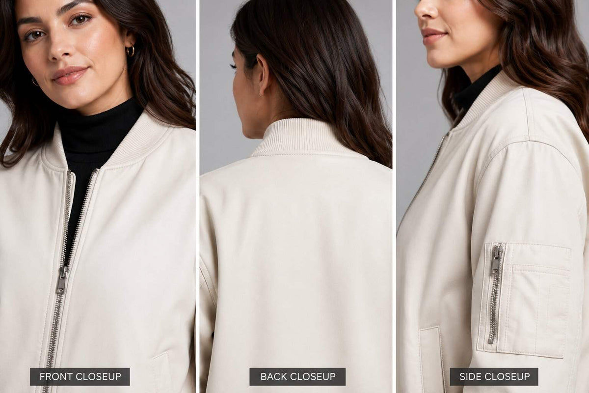 Women White Leather Bomber Jacket with Ribbed Trim – Modern Appeal