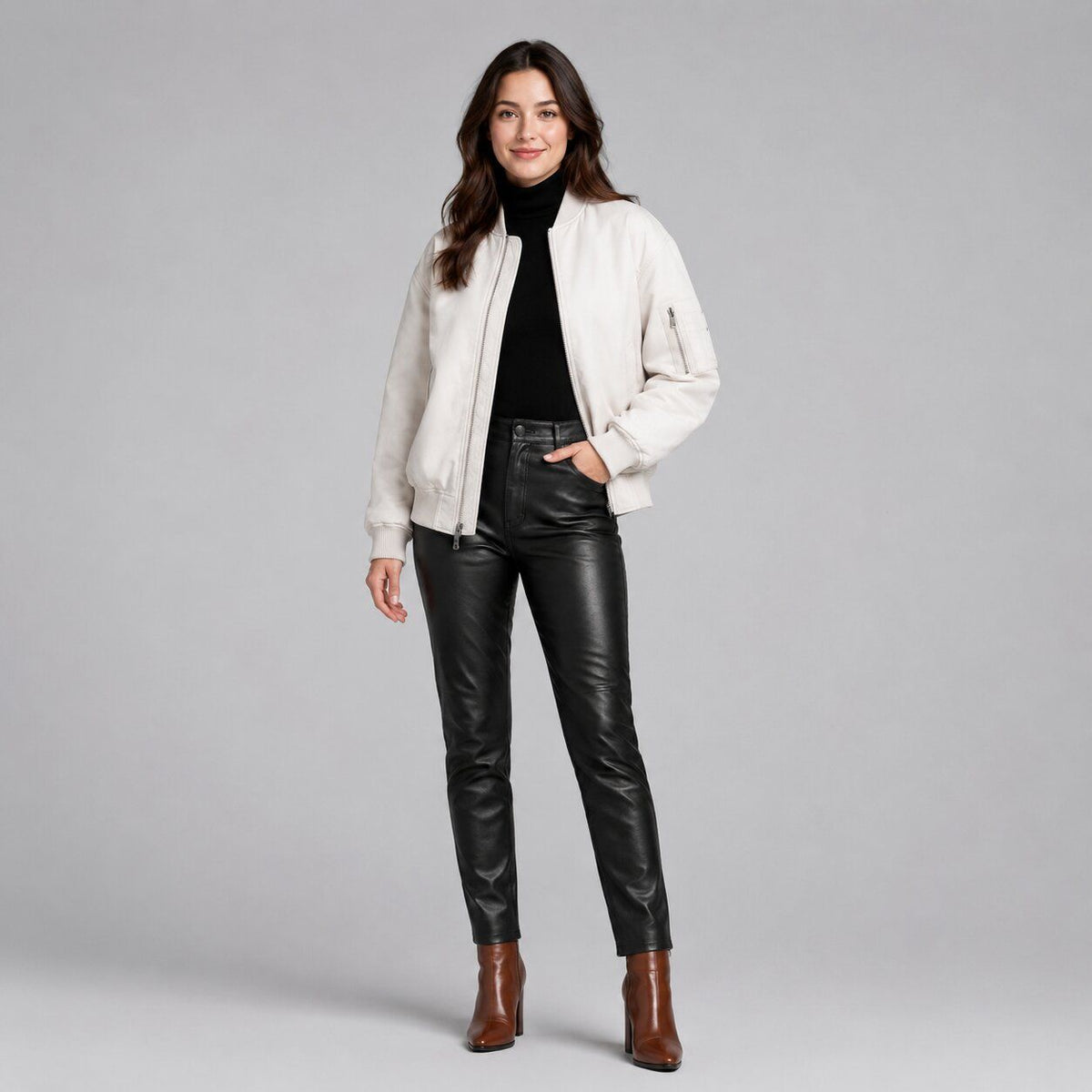Women White Leather Bomber Jacket with Ribbed Trim – Modern Appeal