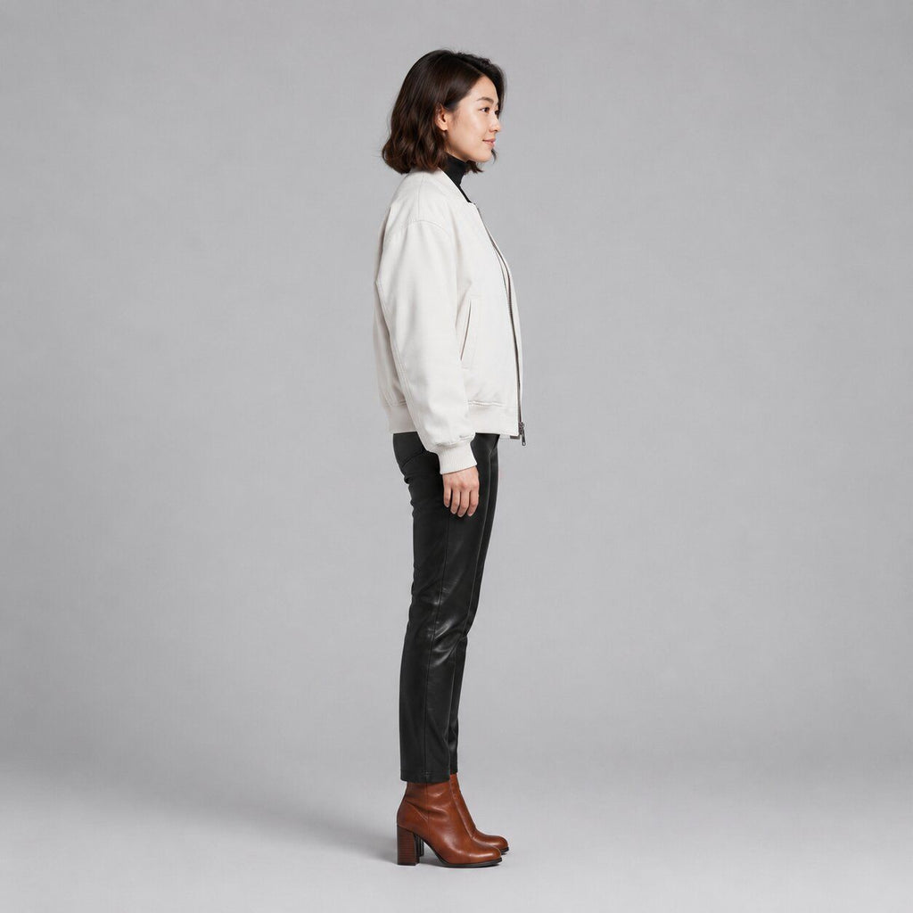 Women White Leather Bomber Jacket with Ribbed Trim – Modern Appeal