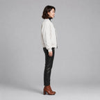 Women White Leather Bomber Jacket with Ribbed Trim – Modern Appeal