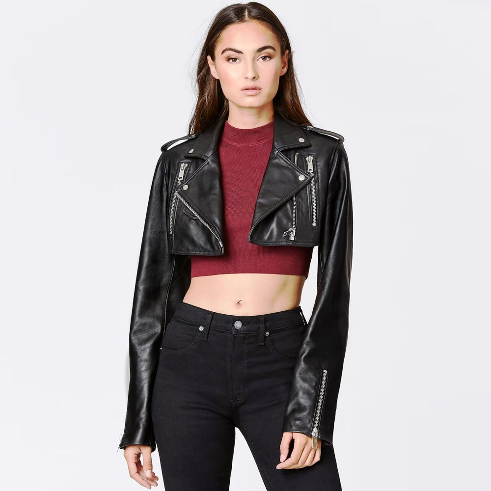 Women's Cropped Bolero Shrug Black Sheepskin Biker Leather Jacket