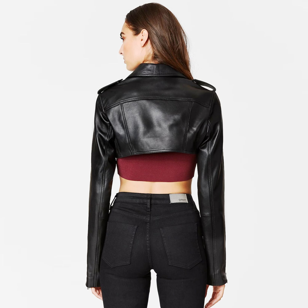 Women's Cropped Bolero Shrug Black Sheepskin Biker Leather Jacket