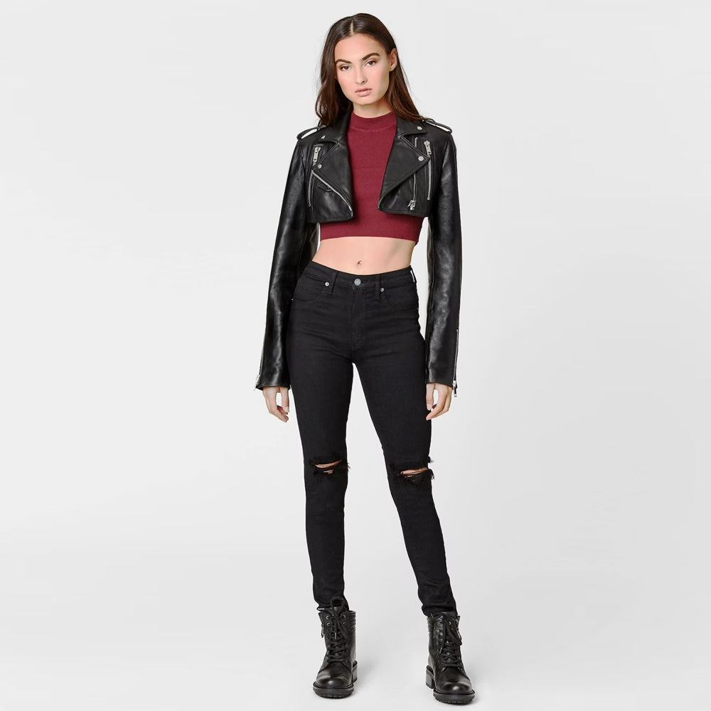 Women's Cropped Bolero Shrug Black Sheepskin Biker Leather Jacket