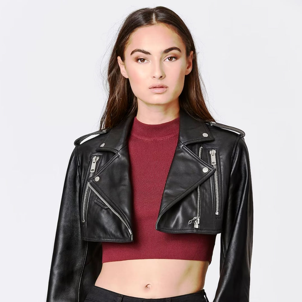 Women's Cropped Bolero Shrug Black Sheepskin Biker Leather Jacket