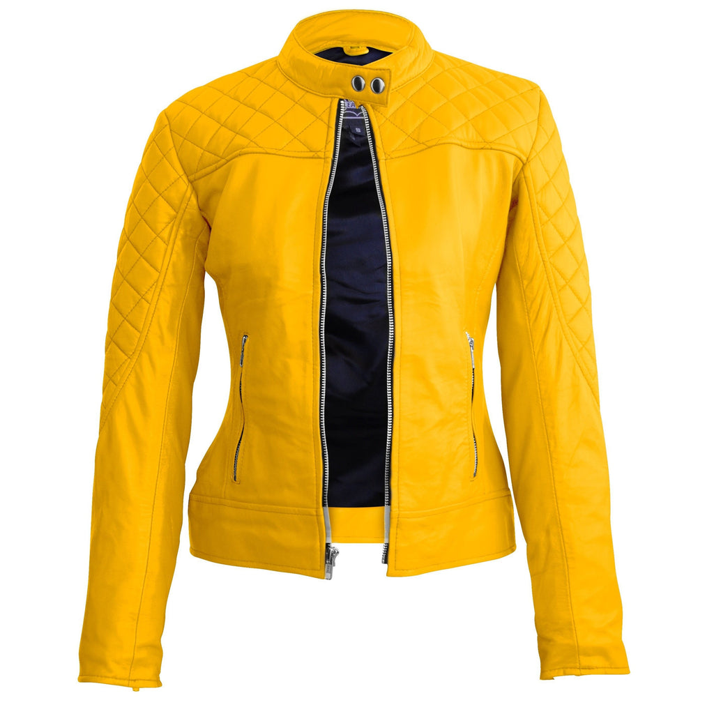 Leather Skin Women Yellow Quilted Genuine Leather Jacket
