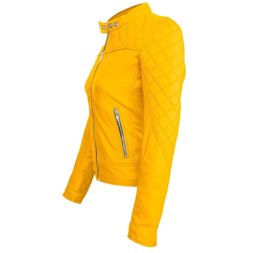 Leather Skin Women Yellow Quilted Genuine Leather Jacket
