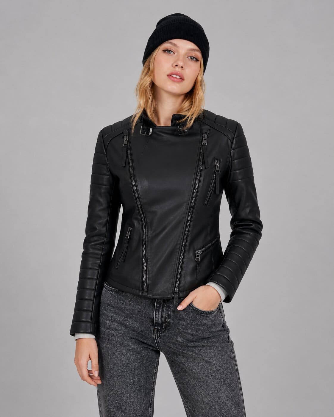 Women's Black Leather Cafe Racer Jacket - Sleek Modern Look