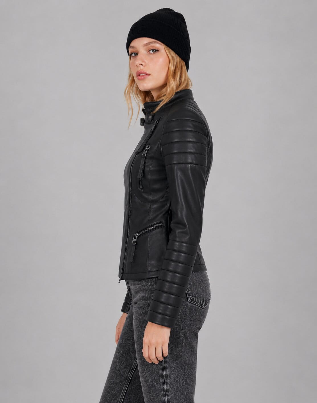 Women's Black Leather Cafe Racer Jacket - Sleek Modern Look