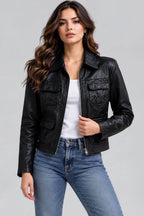Women's Black Leather Harrington Jacket - Classic Trucker Style