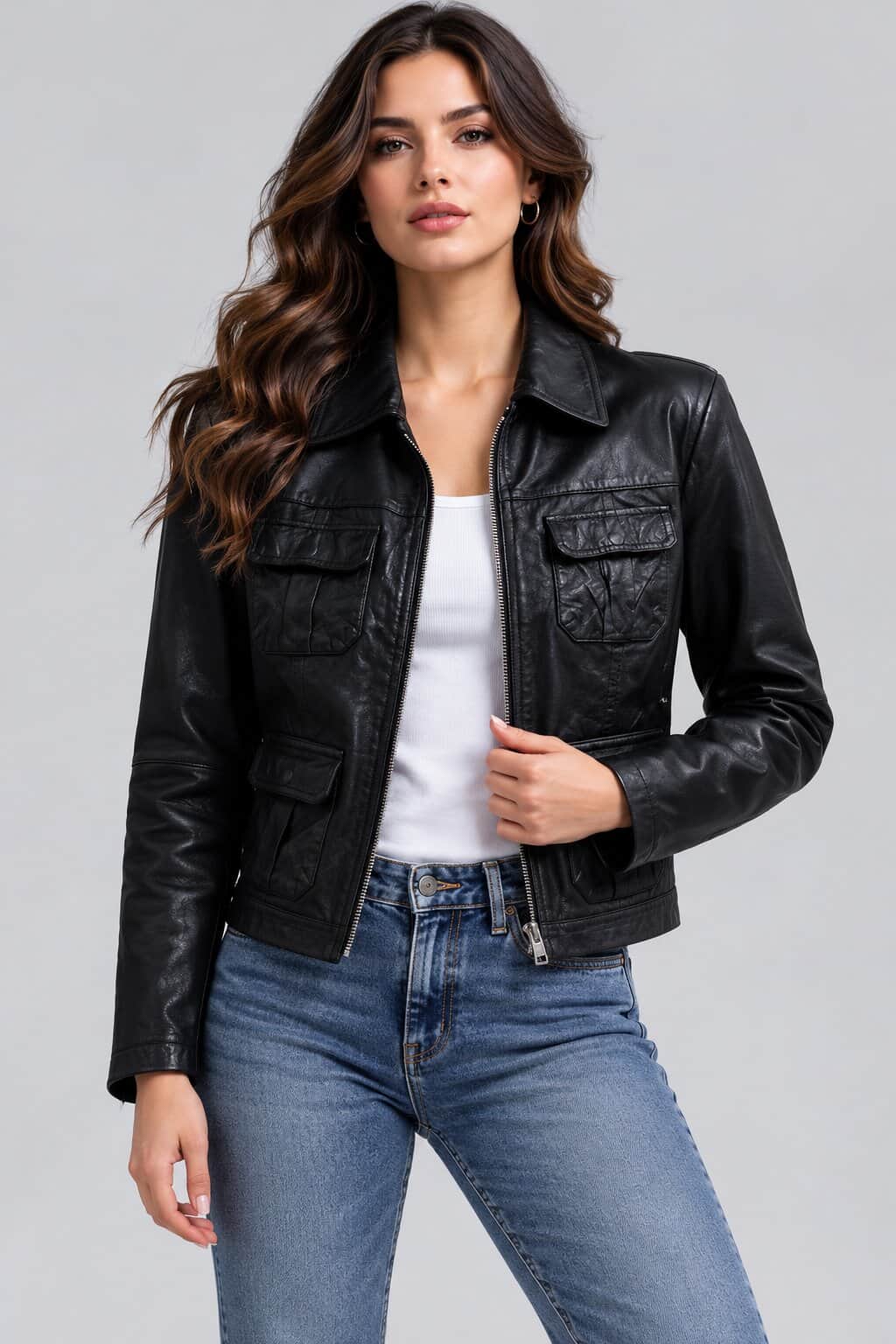 Women's Black Leather Harrington Jacket - Classic Trucker Style