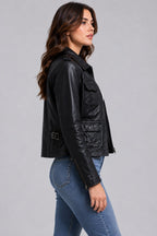 Women's Black Leather Harrington Jacket - Classic Trucker Style