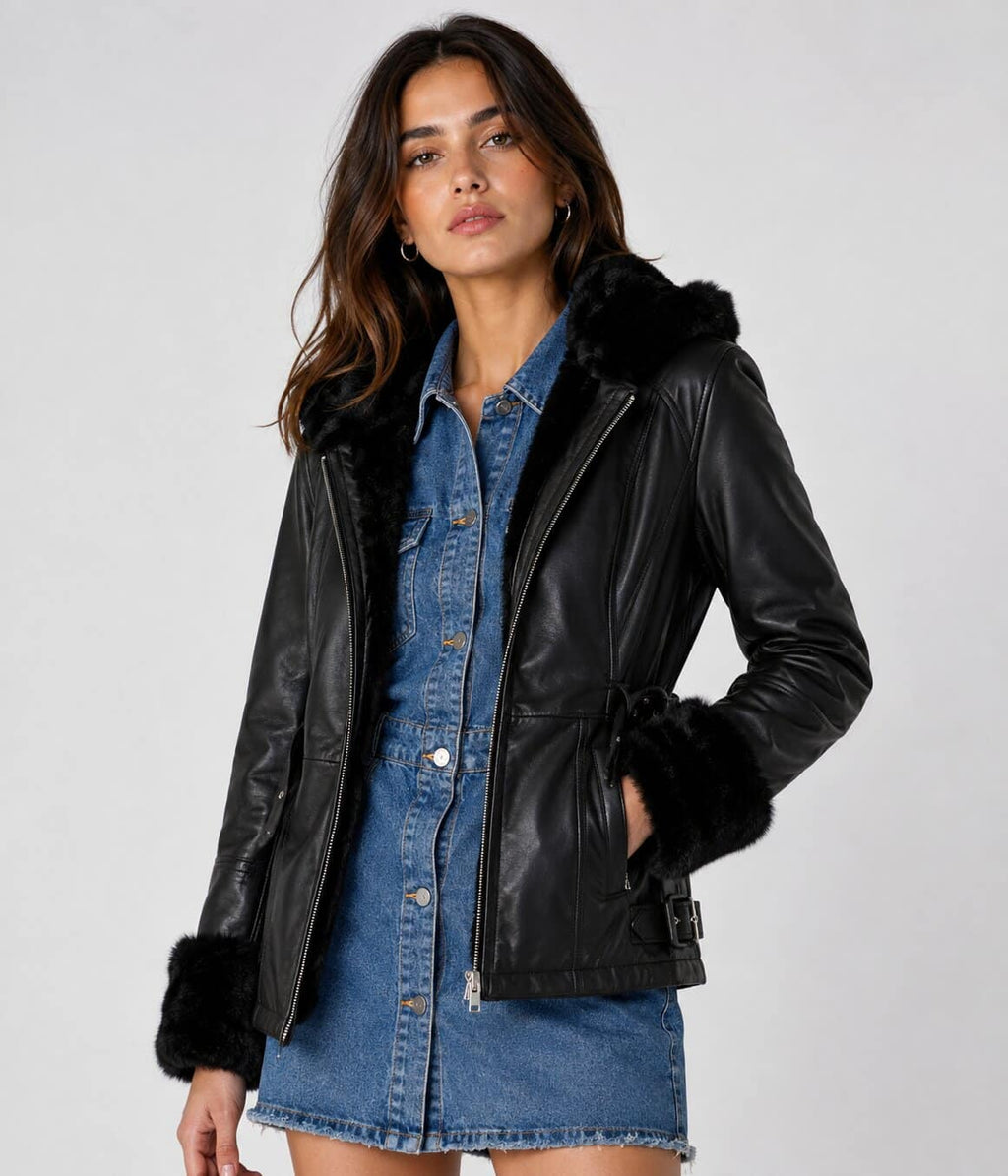Women's Black Leather Shearling Jacket - Timeless Winter Look