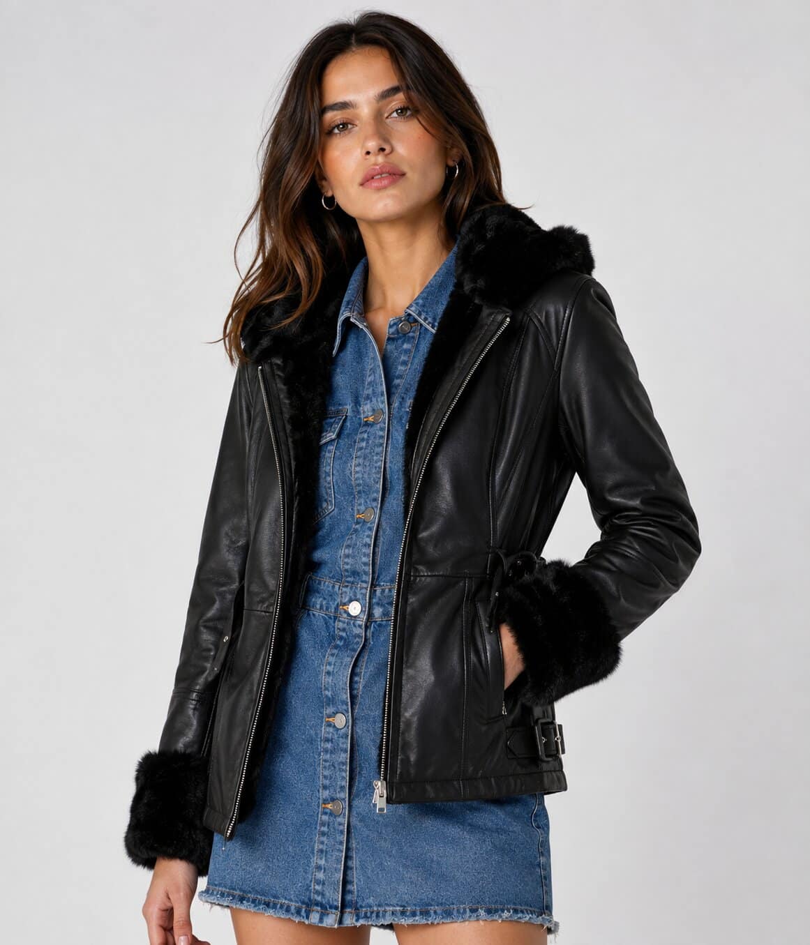 Women's Black Leather Shearling Jacket - Timeless Winter Look