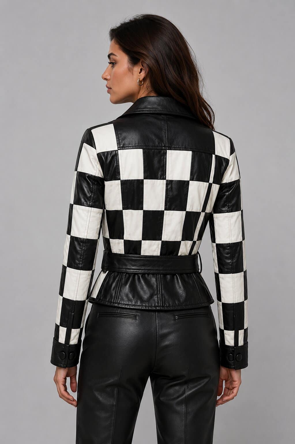 Women's Black White Checkered Real Leather Moto Biker Jacket