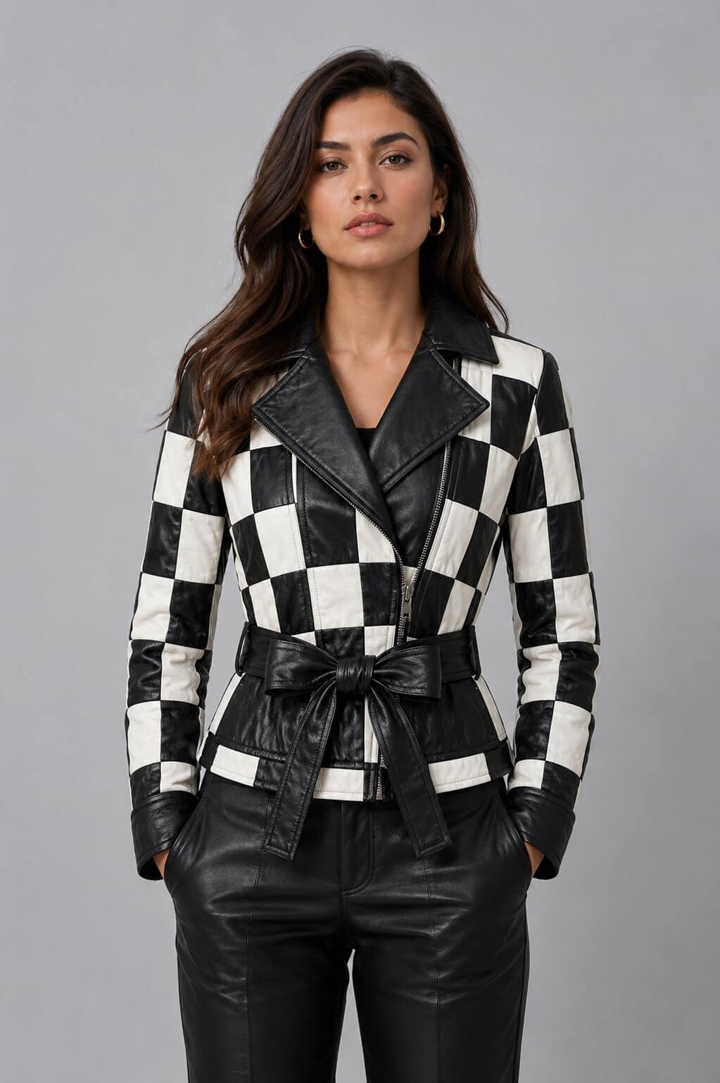 Women's Black White Checkered Real Leather Moto Biker Jacket