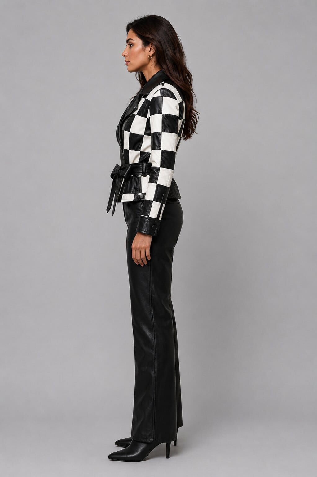 Women's Black White Checkered Real Leather Moto Biker Jacket